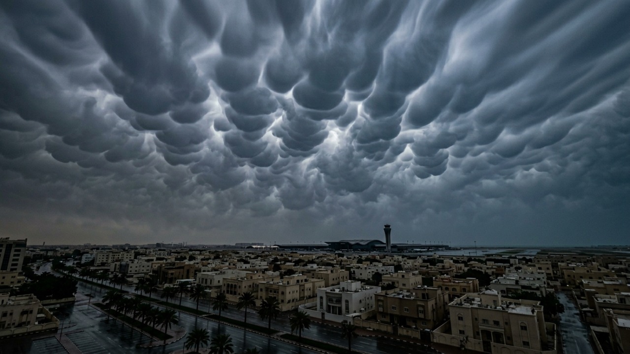 Nuvens com formato peculiar em Al Sidriya indicam alta instabilidade atmosférica na região.
