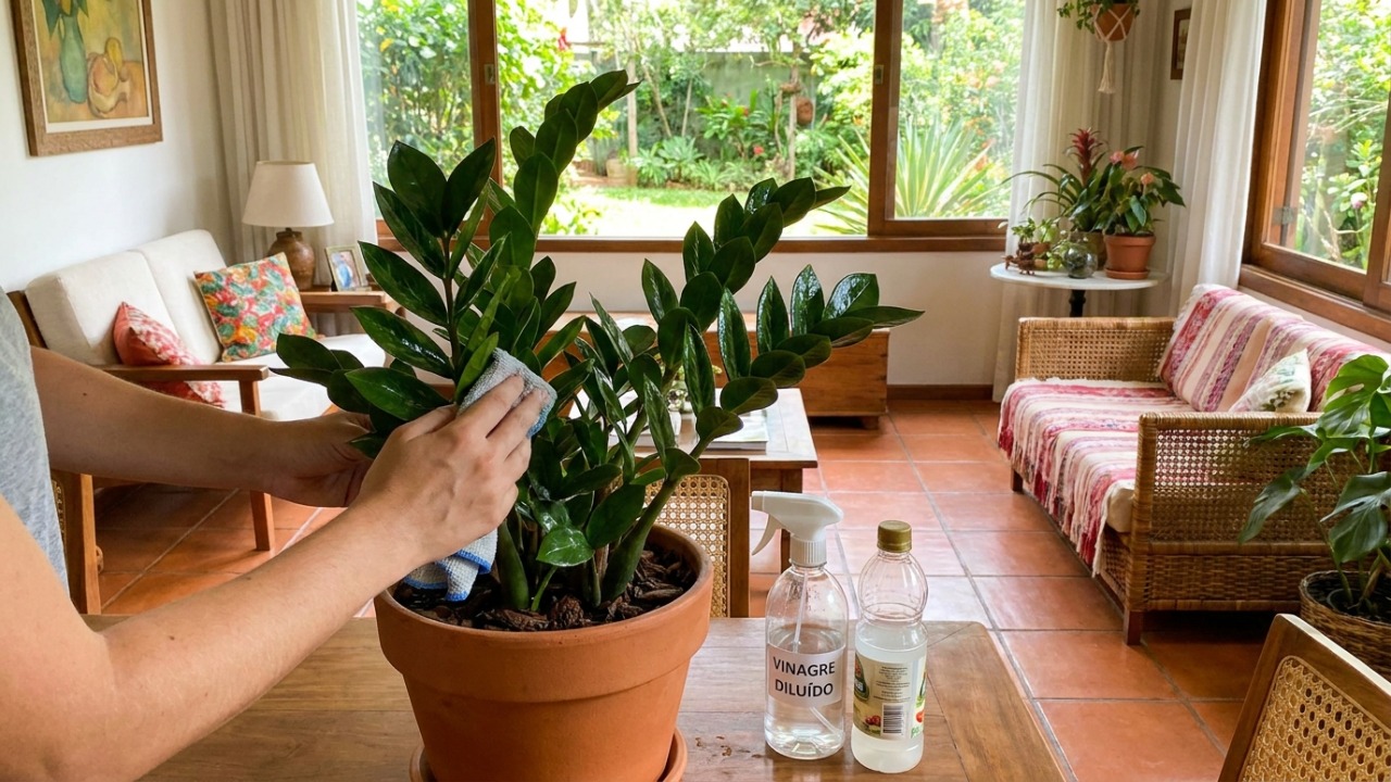 A aplicação de vinagre branco diluído remove resíduos minerais e devolve o brilho natural à folhagem da zamioculca.