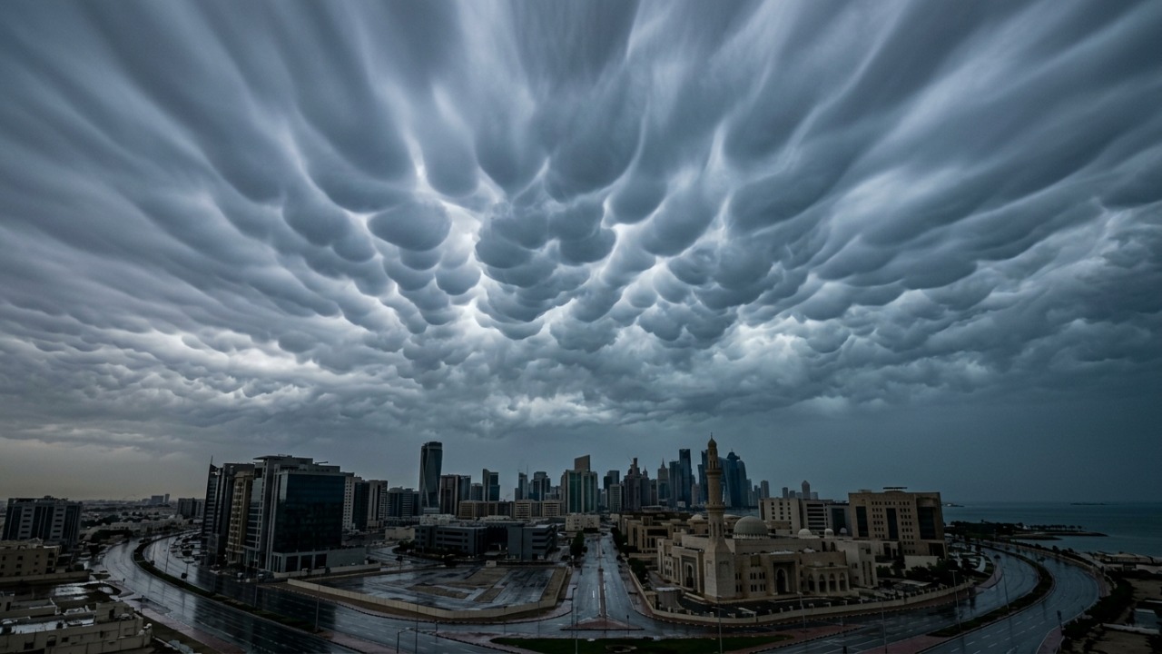 Formações raras de nuvens mammatus surgem nos céus do Catar durante temporada de tempestades.