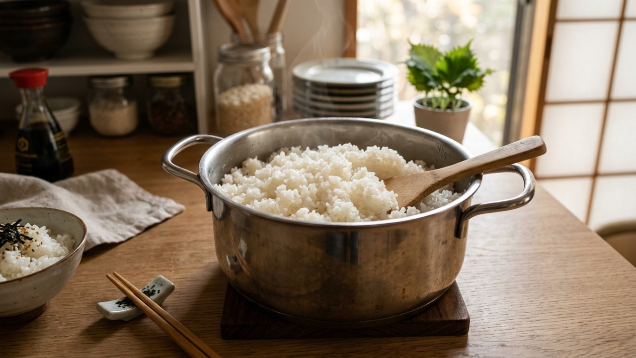 O segredo para um arroz japonês perfeito está na limpeza cuidadosa e no tempo correto de repouso dos grãos.
