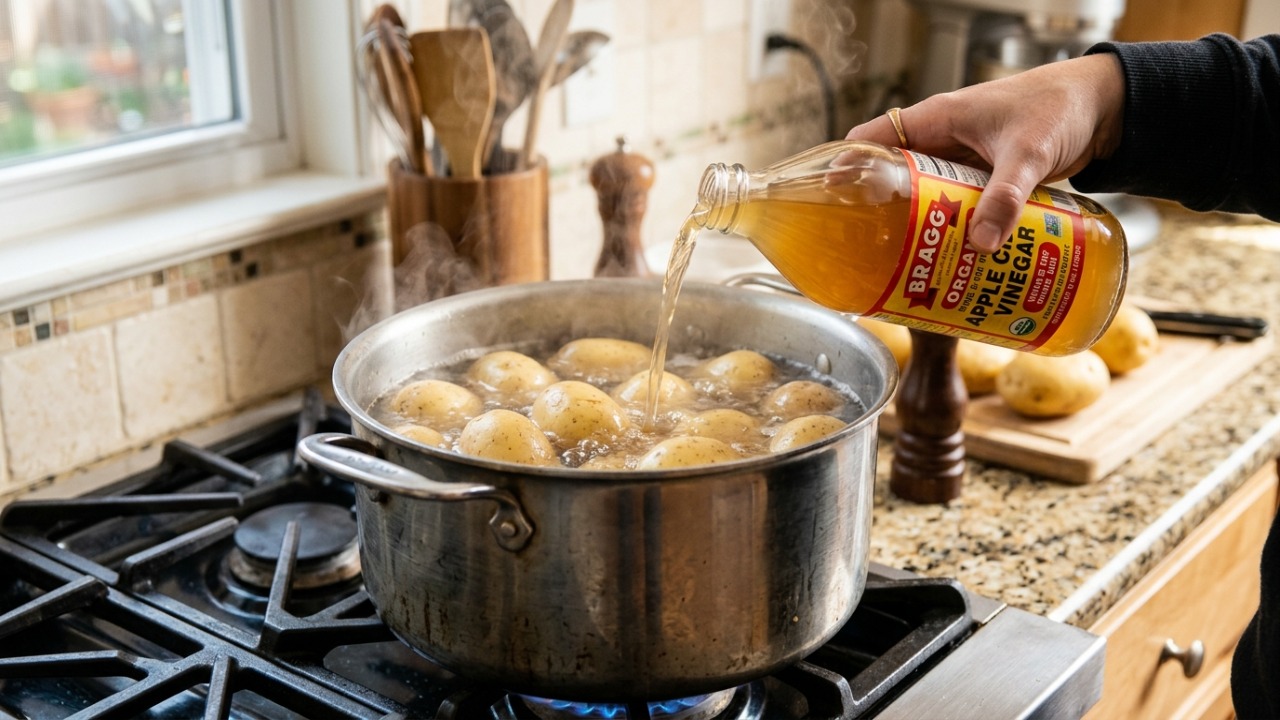 O uso de vinagre durante o cozimento impede que as batatas percam a estrutura.