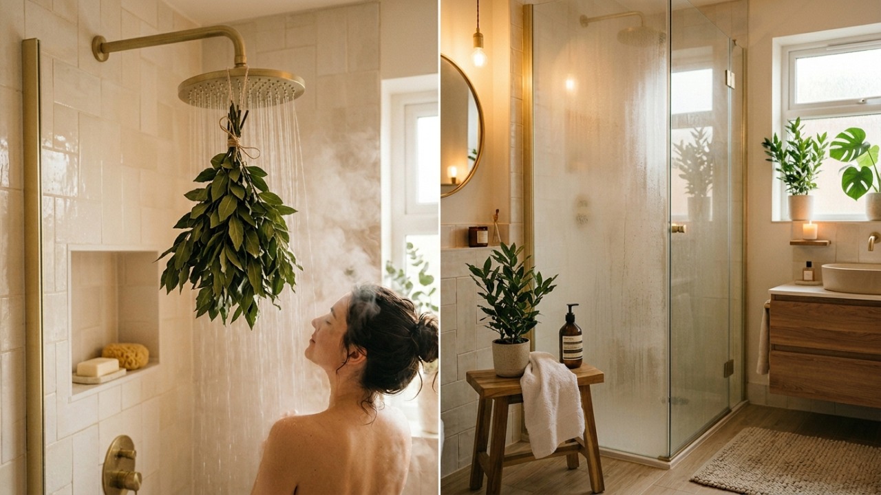 O vapor do banho quente potencializa as propriedades relaxantes das folhas de louro no ambiente.