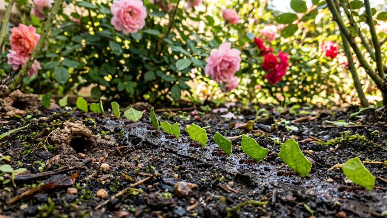 O transporte de matéria vegetal pelas formigas auxilia na renovação biológica do canteiro.
