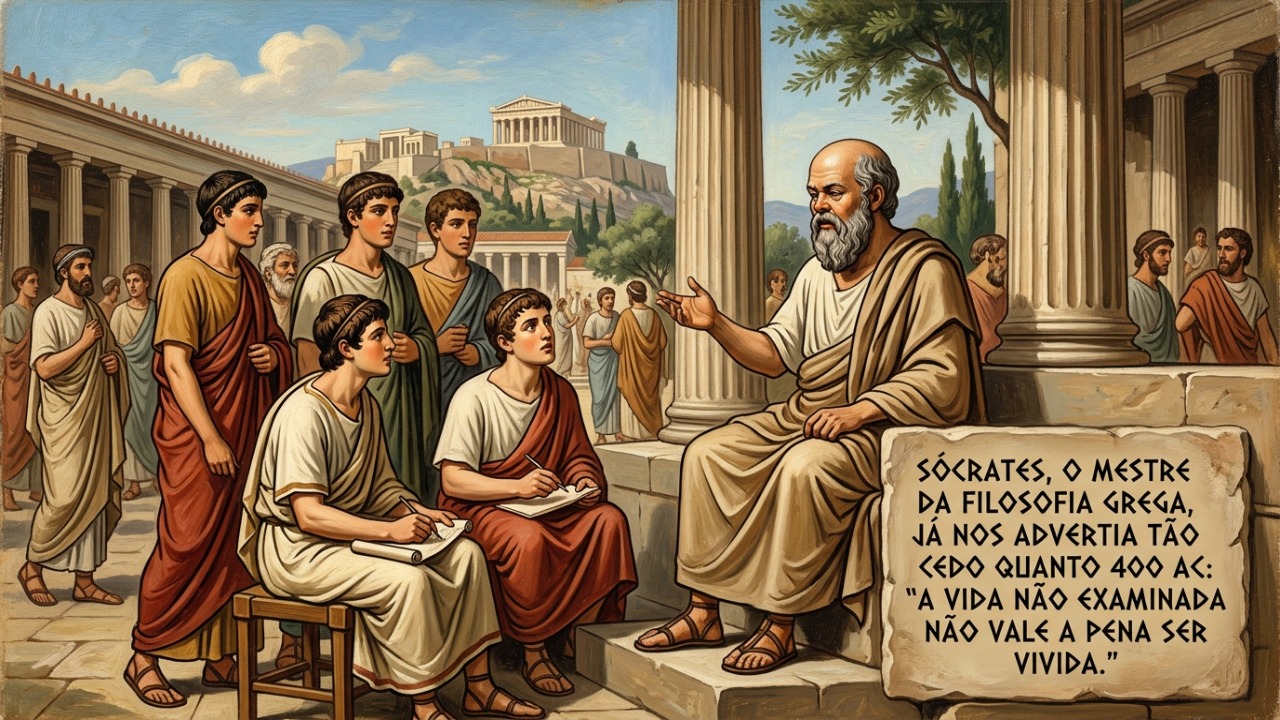 A máxima socrática sobre a importância de questionar a própria existência.