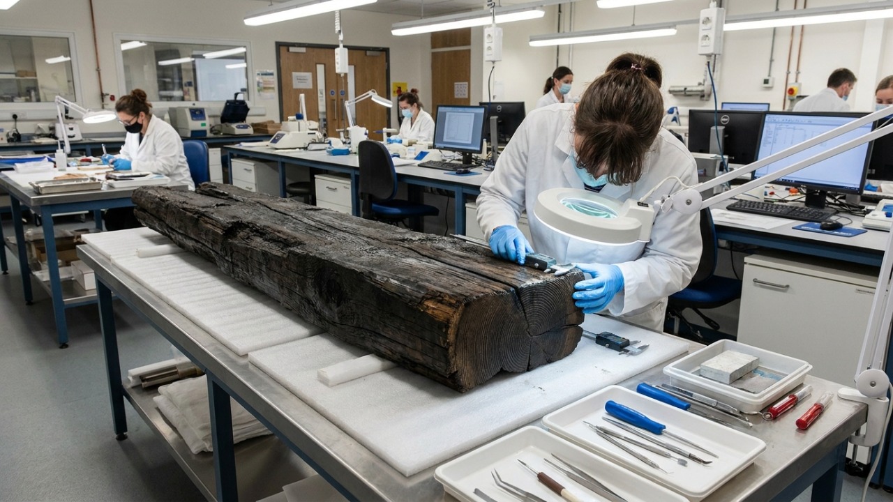 Pesquisadores investigam peça de embarcação encontrada sob solo urbano na Holanda.
