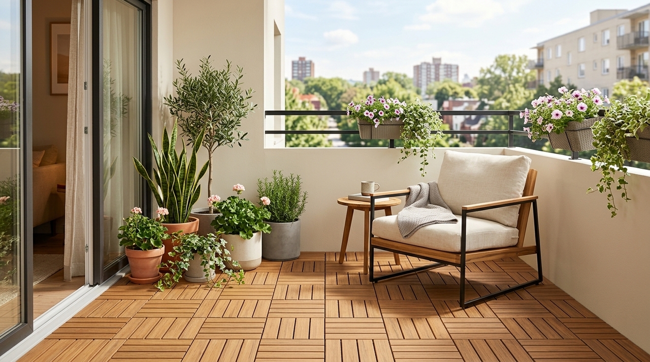 O piso modular para varanda é formado por placas ou réguas que se encaixam entre si por um sistema de cliques ou travas, como um grande quebra-cabeça que vira um “tapete rígido” contínuo.