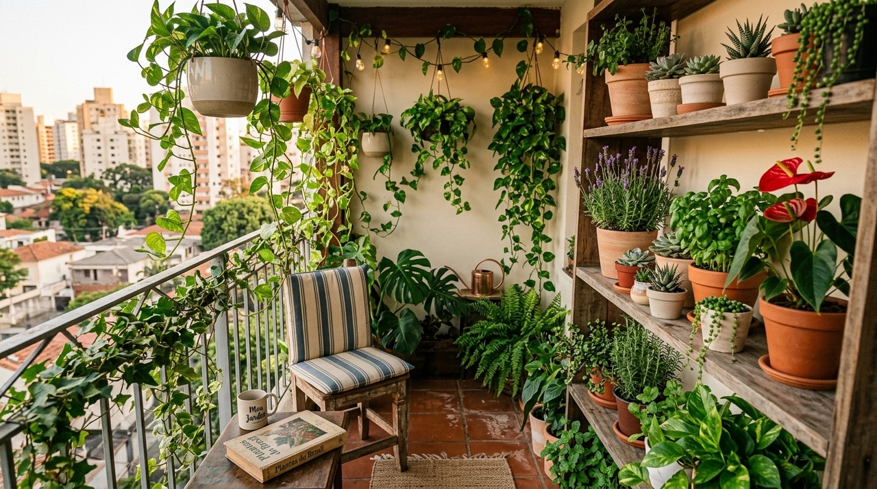 A jiboia (Epipremnum aureum) é a trepadeira coringa, resistente e adaptável à meia-sombra, ótima pra vasos médios pendentes.