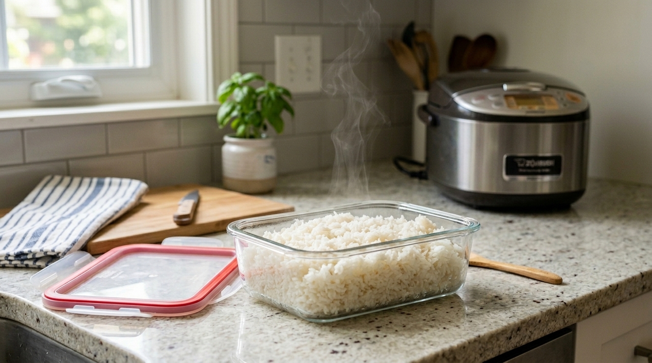 Quando você retira o arroz fumegante do fogão, o primeiro passo indispensável é aguardar o resfriamento natural e seguro na bancada da pia.