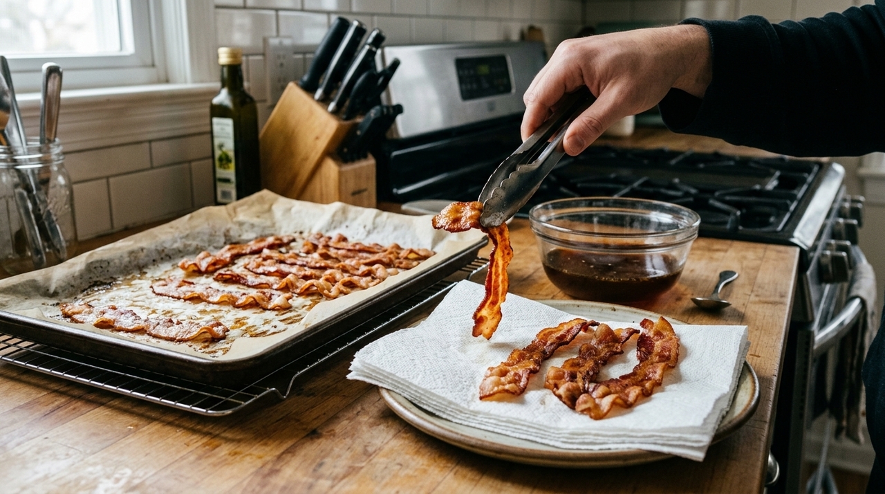 Uma grade metálica sobre a assadeira ajuda a deixar o bacon mais seco e crocante