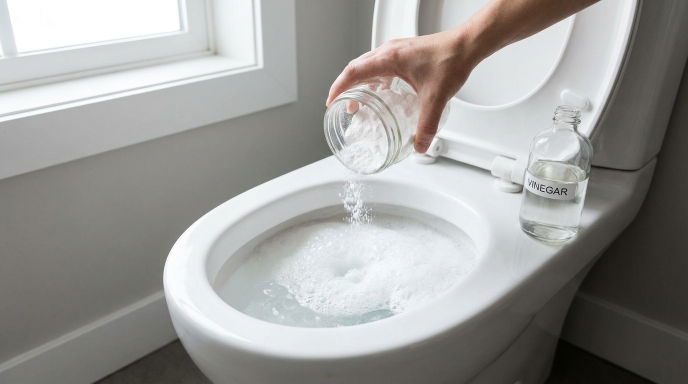A reação entre bicarbonato e vinagre neutraliza odores diretamente no encanamento e no vaso.