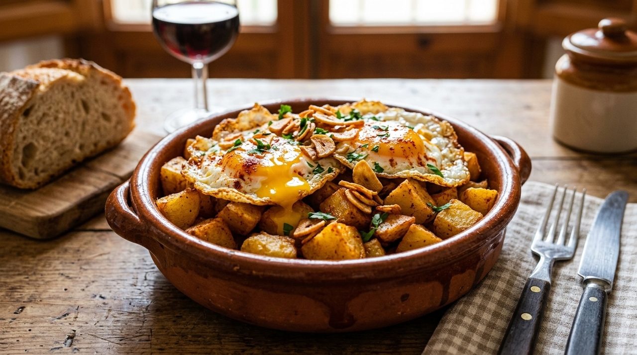 Loli Domínguez usa essa combinação para aproximar o prato das batatas ao alho e pimentón, muito comuns em receitas de taverna.