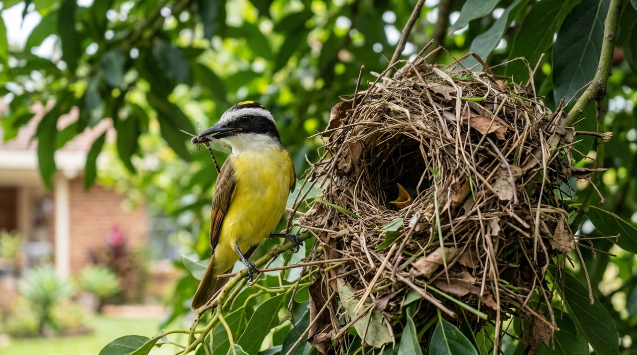 A presença de um ninho de bem-te-vi no quintal indica que o ambiente oferece condições mínimas de segurança e recursos naturais para a reprodução