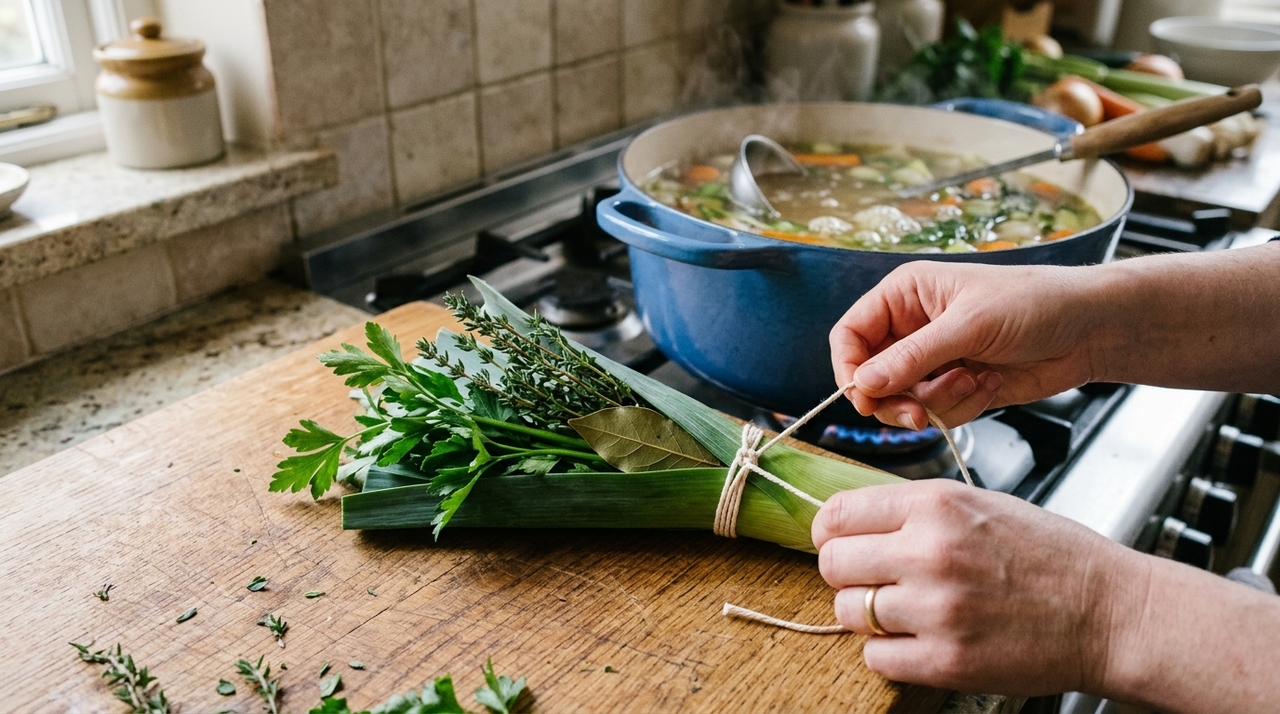 O jeito mais simples é juntar as ervas em um pequeno maço e amarrar com barbante culinário.