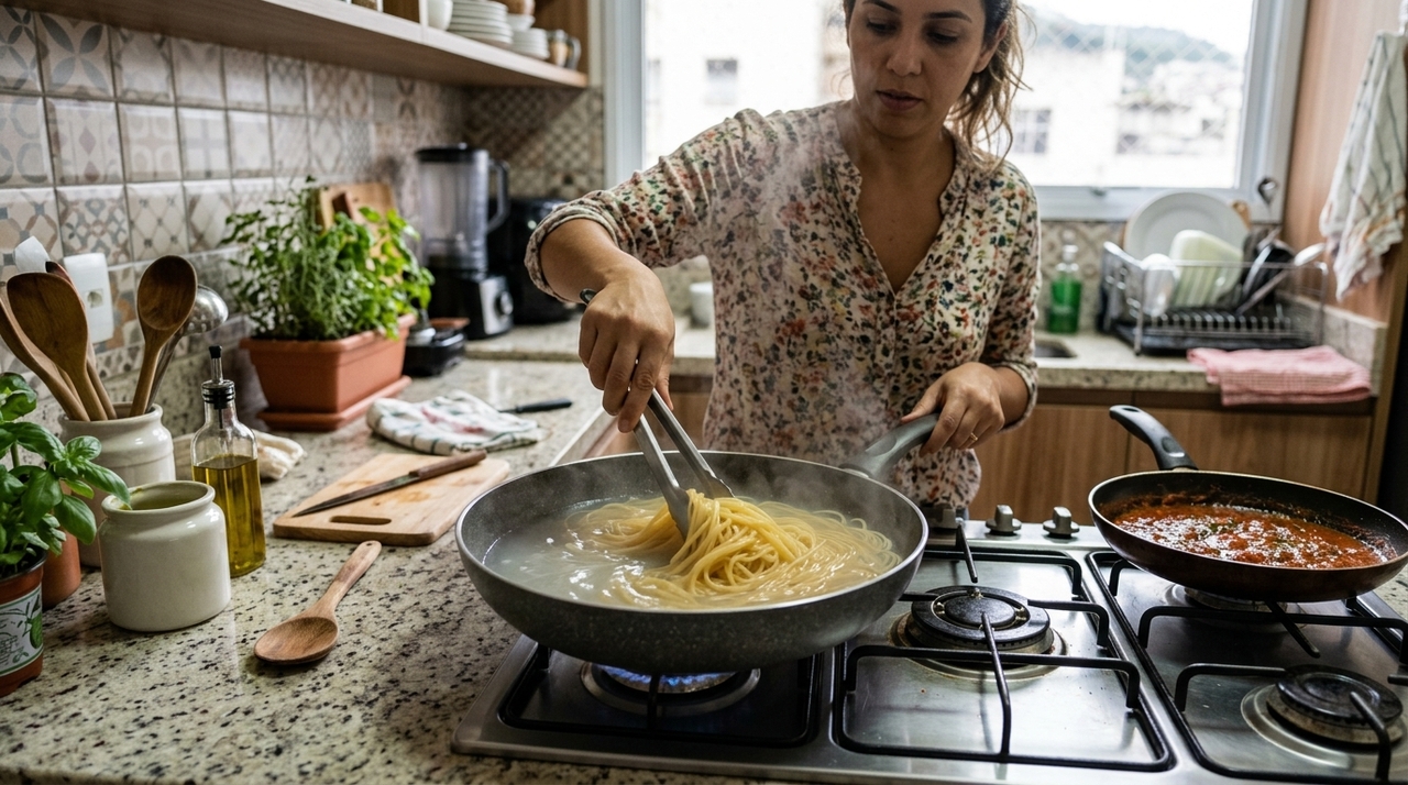 O método é simples: coloque a massa seca em uma frigideira larga, cubra com água fria, adicione sal e ligue o fogo.