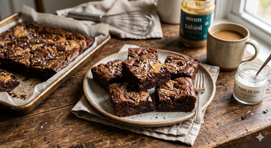 Aprenda a fazer brownie de tahine com flor de sal e pedaços de chocolate