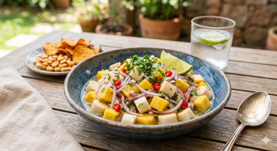 Ceviche vegetariano de banana-da-terra e palmito vibrante, fresco e cheio de cores