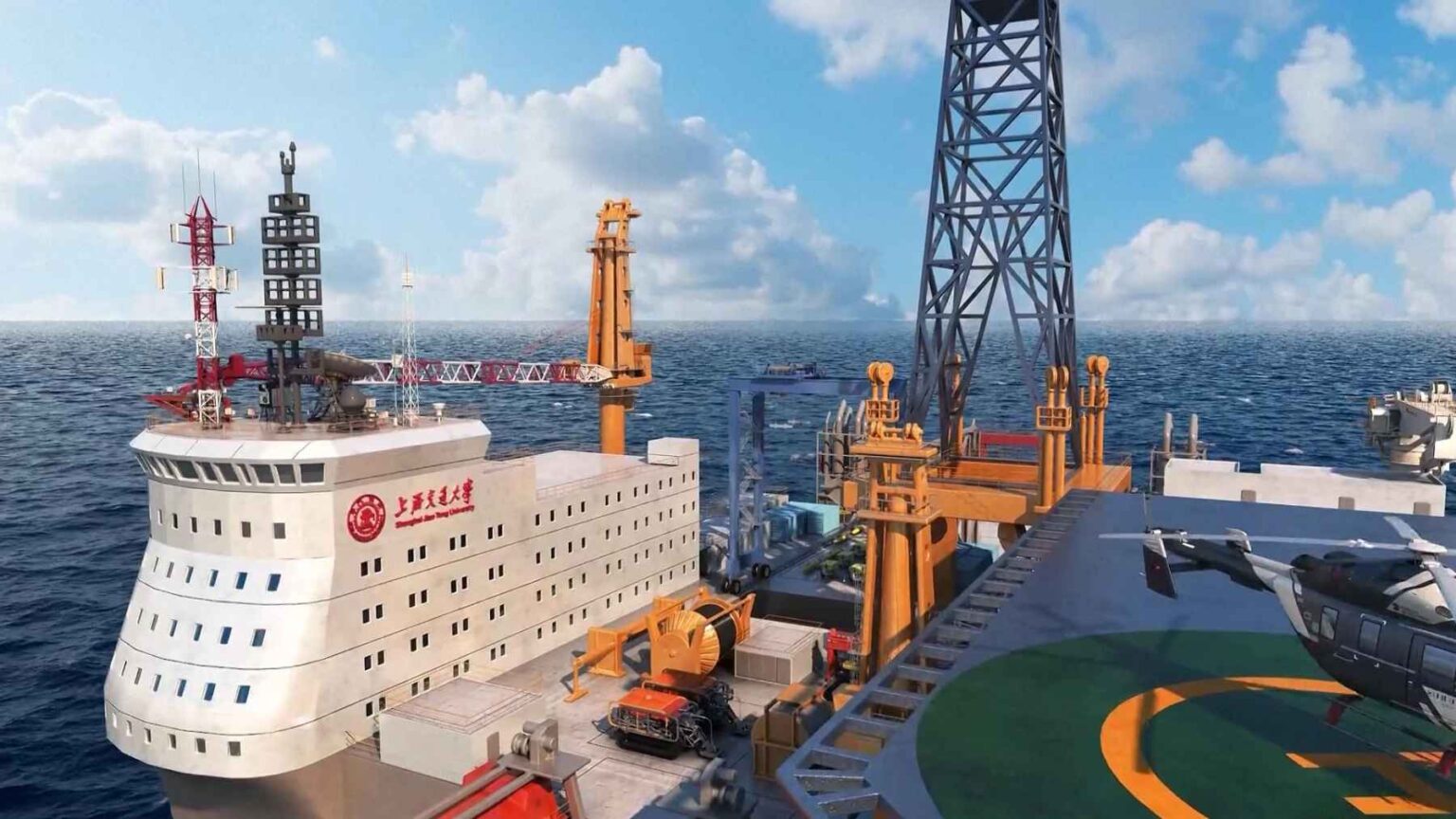 Uma imagem conceitual da ilha artificial flutuante da China destaca o design semelhante a uma fortaleza por trás de uma plataforma construída para pesquisas em águas profundas.