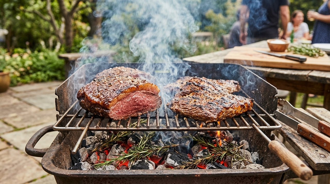 Quando o alecrim encontra o calor das brasas, seus óleos se quebram e formam compostos aromáticos que se misturam ao vapor de água e à gordura que pinga da carne.