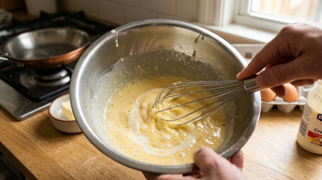 O equilíbrio é importante porque creme demais deixa o omelete pesado e dificulta a estrutura durante o cozimento