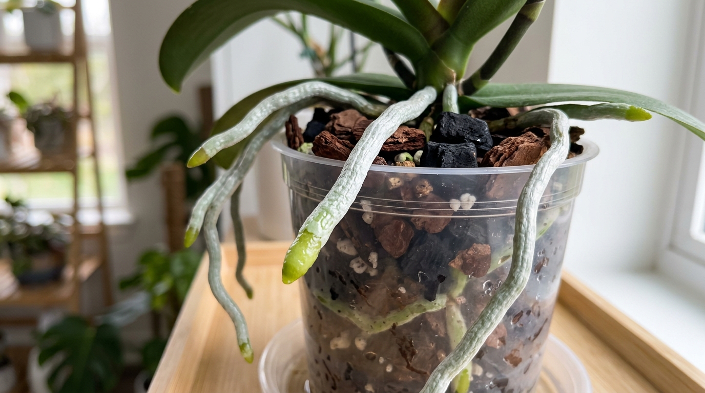 Não corte raízes aéreas saudáveis. Elas participam da hidratação, da respiração e da sustentação da orquídea.