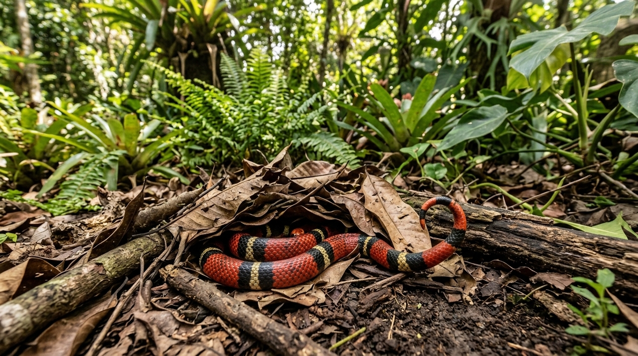 O desenho em anéis cria um contraste muito forte no corpo da serpente.