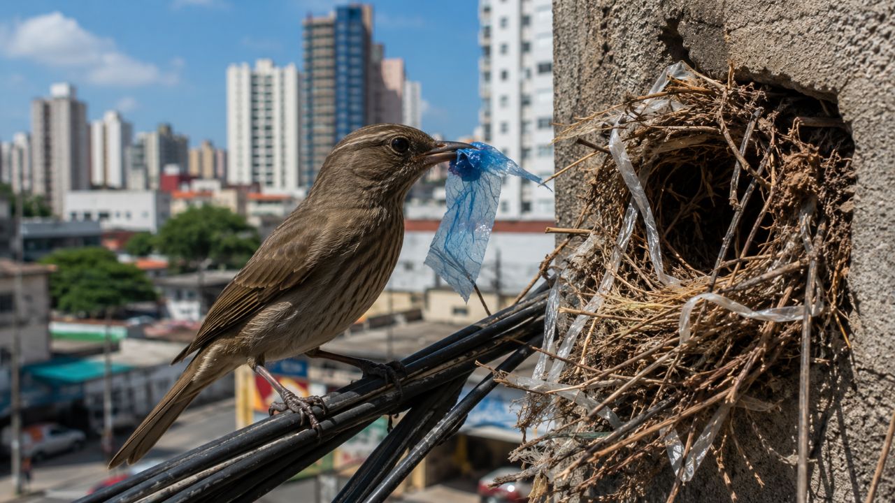 Aves urbanas adaptam hábitos e usam lixo e resíduos das ruas na construção de seus ninhos.