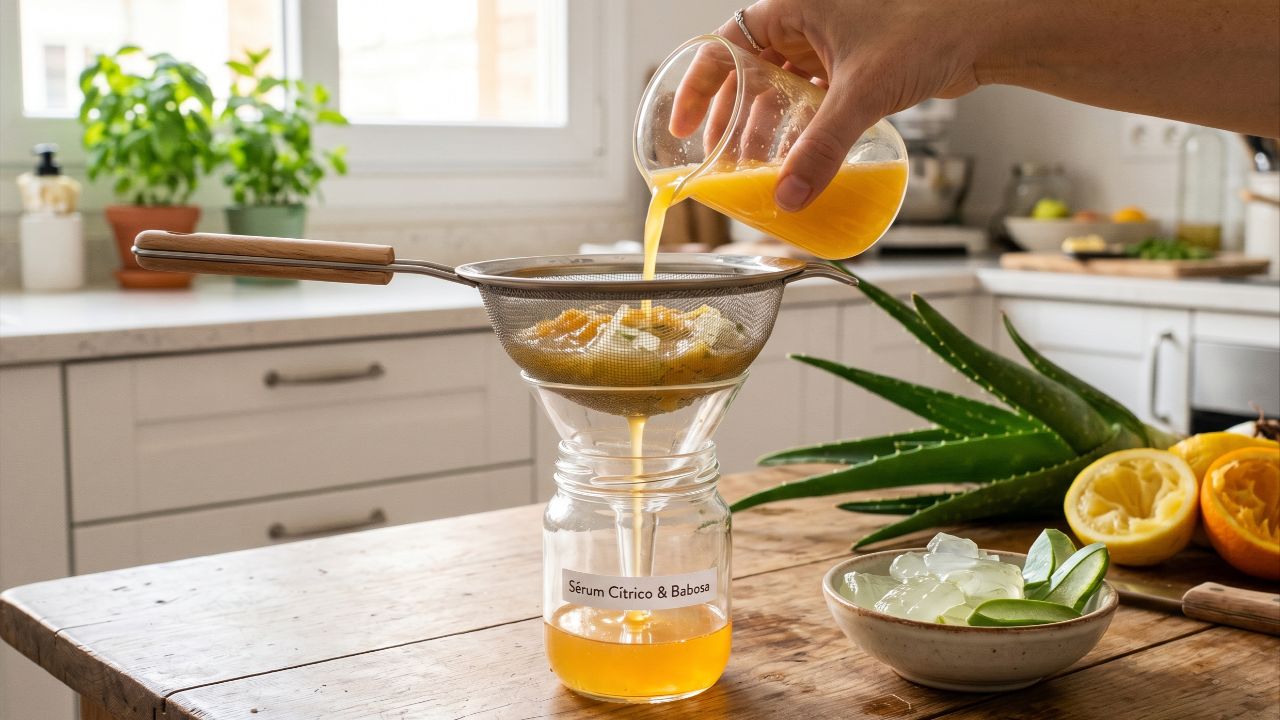 O sérum de vitamina C caseiro é feito diluindo suco natural em base hidratante, exigindo refrigeração e descarte rápido devido à oxidação.