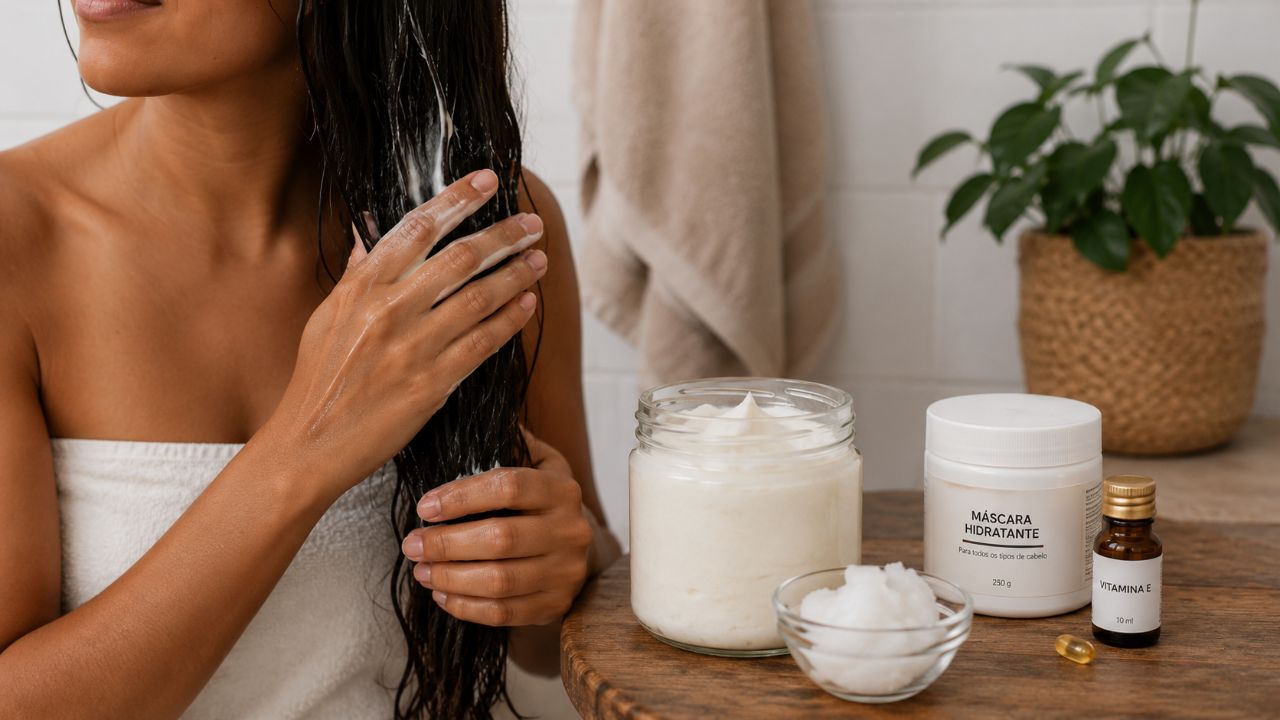 Prepare a mistura caseira com máscara, óleo e açúcar, aplique no cabelo limpo e enxágue com água fria.