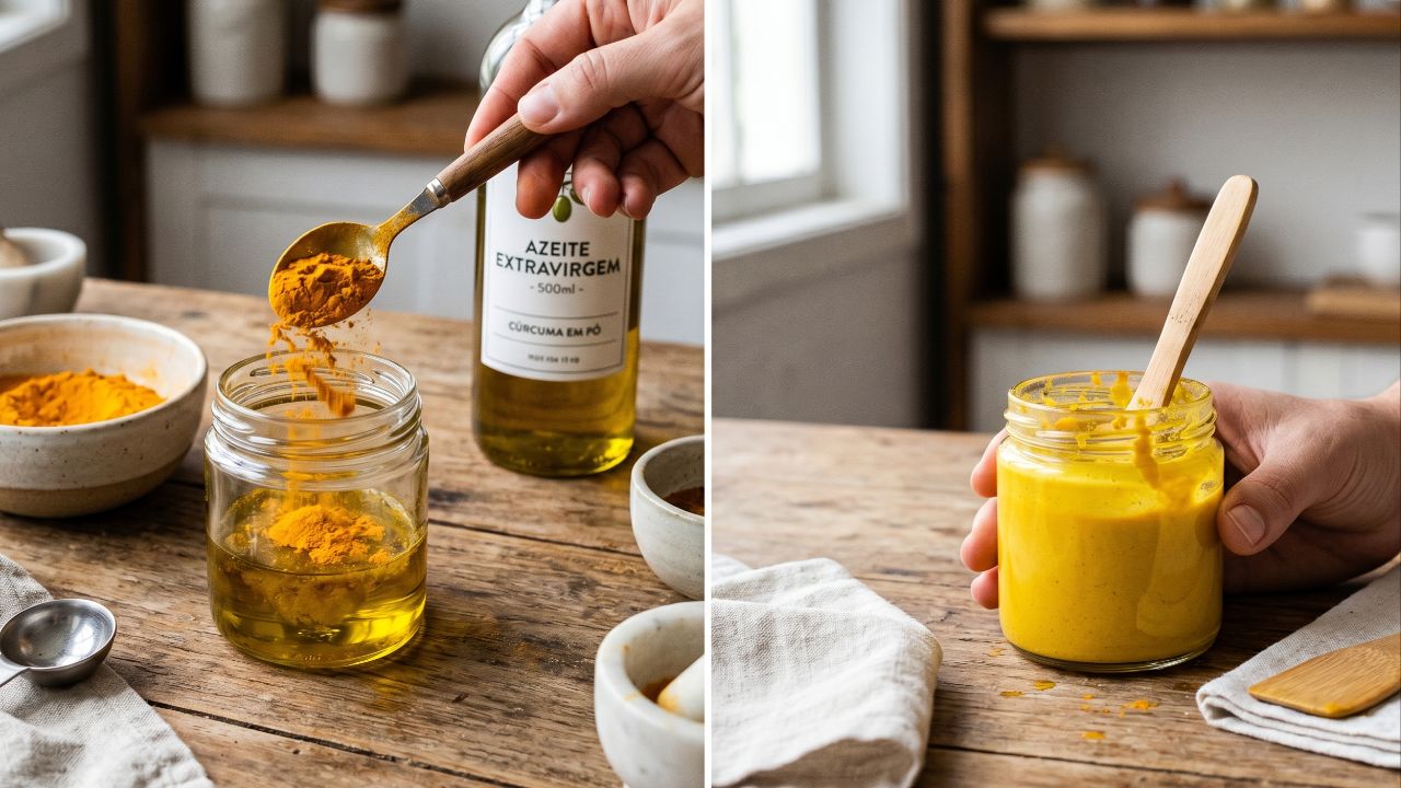 Misture cúrcuma e azeite extravirgem até formar uma pasta homogênea.