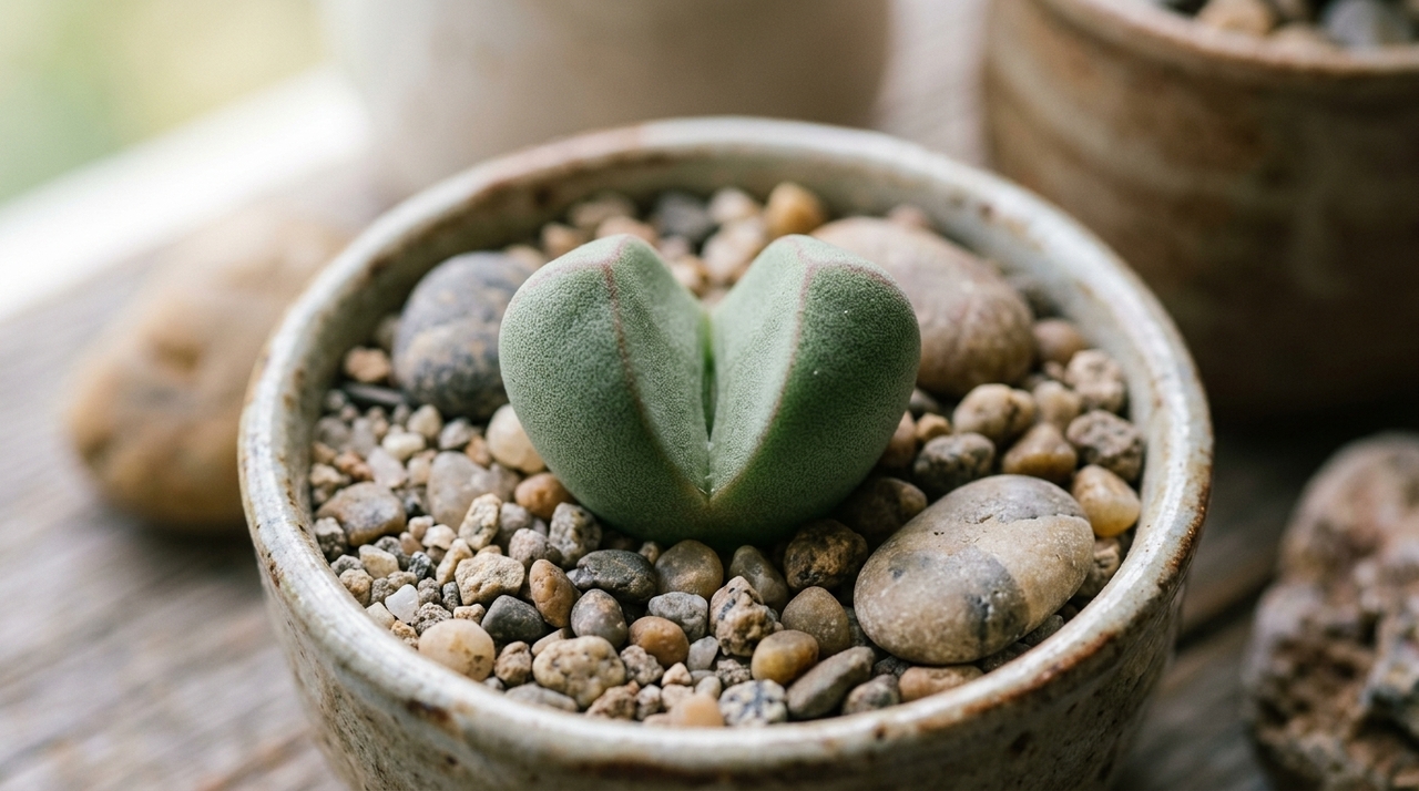 Ao contrário de muitas suculentas populares, o Conophytum bilobum possui ciclo de crescimento mais delicado e não tolera excesso de água.