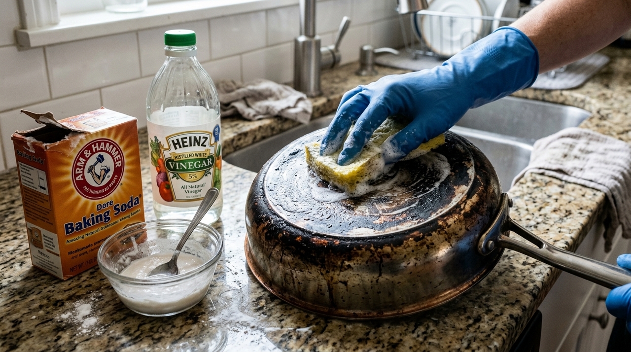 A combinação mais usada pra tirar crosta pesada de panela mistura três ingredientes principais: bicarbonato de sódio, vinagre branco e um pouco de detergente neutro.