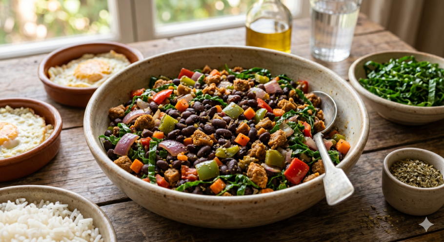 eijão tropeiro vegano fácil e saboroso. Versão sem carne do prato típico brasileiro, com textura rica, temperos marcantes e preparo simples