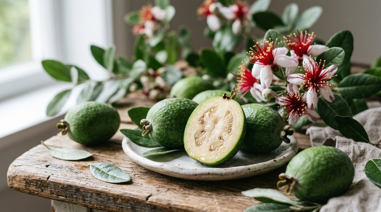 A feijoa precisa de um vaso grande, com pelo menos 50 litros, porque forma raízes fortes e uma copa que pode ser podada para ficar mais compacta.