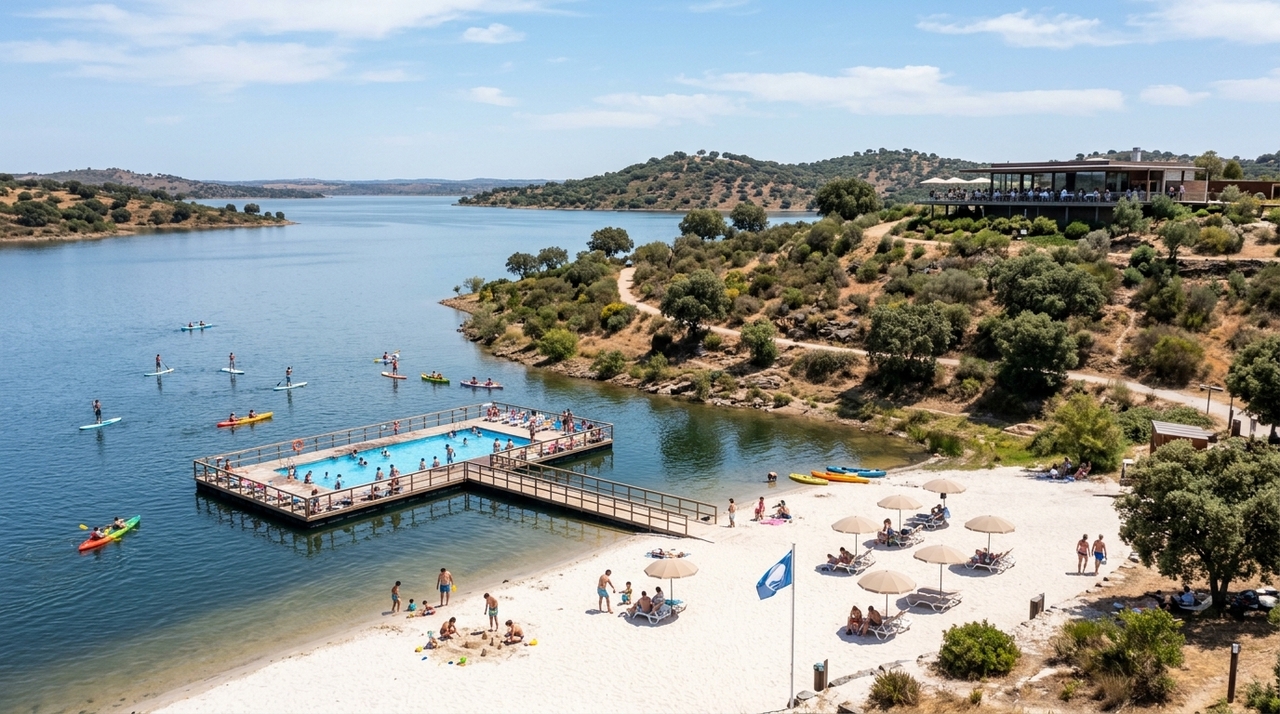 As piscinas flutuantes são a principal atração da Praia Fluvial de Albergaria dos Fusos.