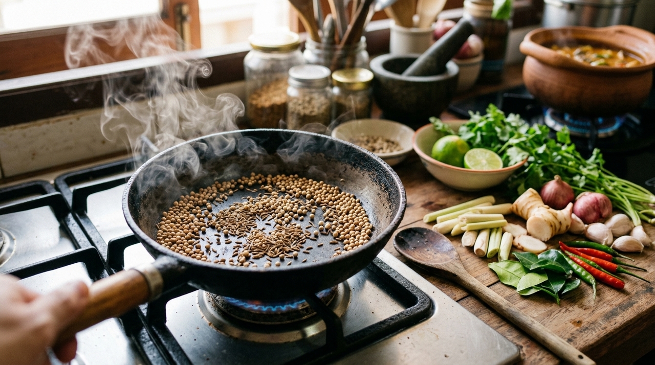 No curry tailandês, isso é decisivo porque a pasta mistura ingredientes secos e frescos.