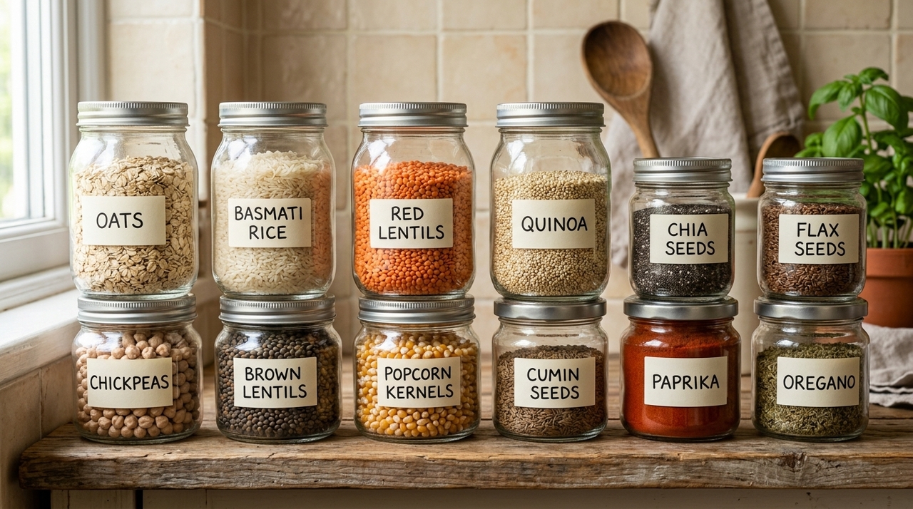 Na cozinha, os potes de azeitona funcionam bem para guardar grãos, sementes, chá, café, ervas secas e pequenos pacotes abertos.