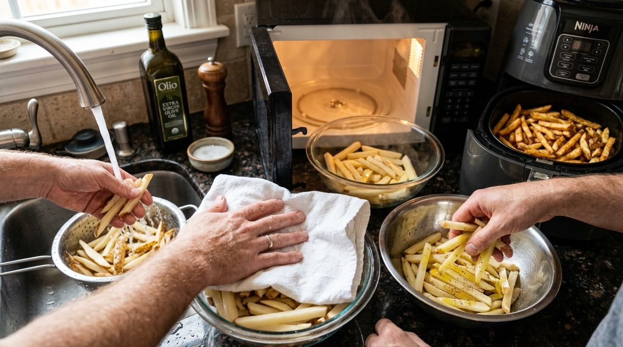 O primeiro segredo é lavar as batatas depois de cortadas.