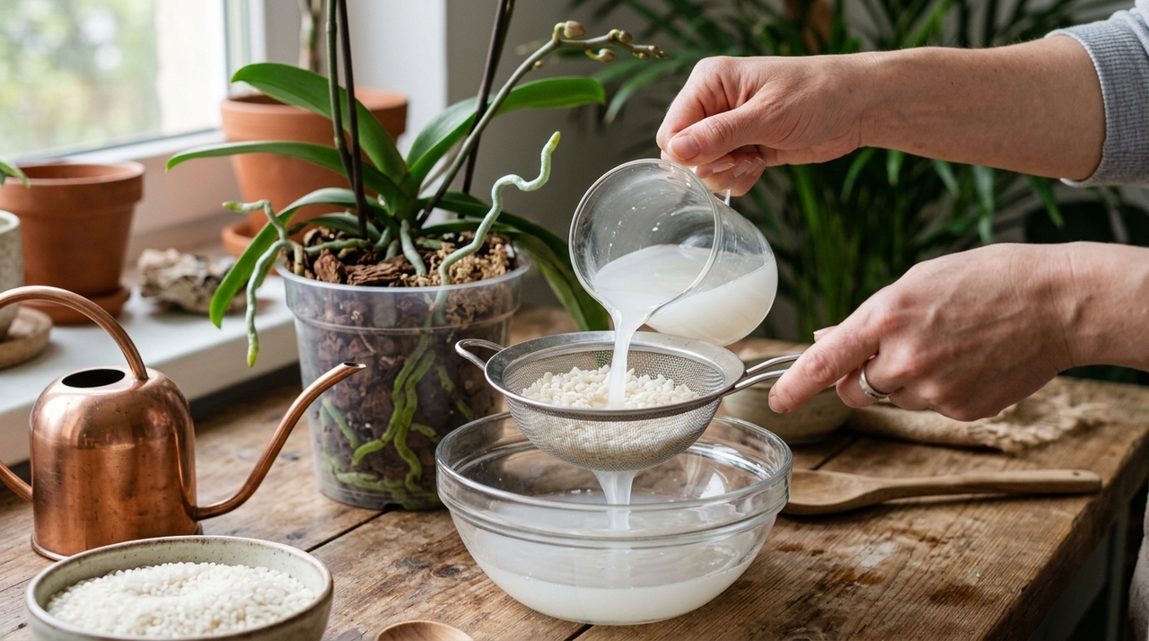 A água de arroz funciona como uma fonte leve de matéria orgânica e resíduos nutritivos.
