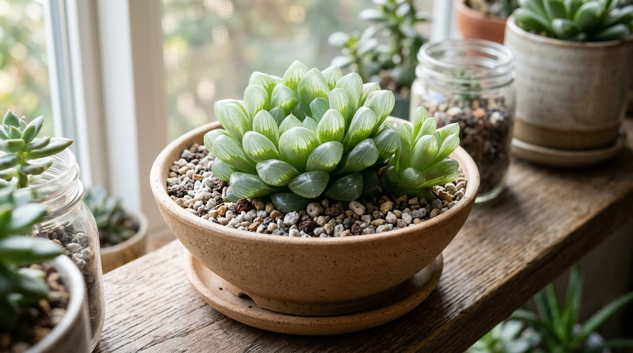 A Haworthia cooperi prefere luz forte, mas filtrada.
