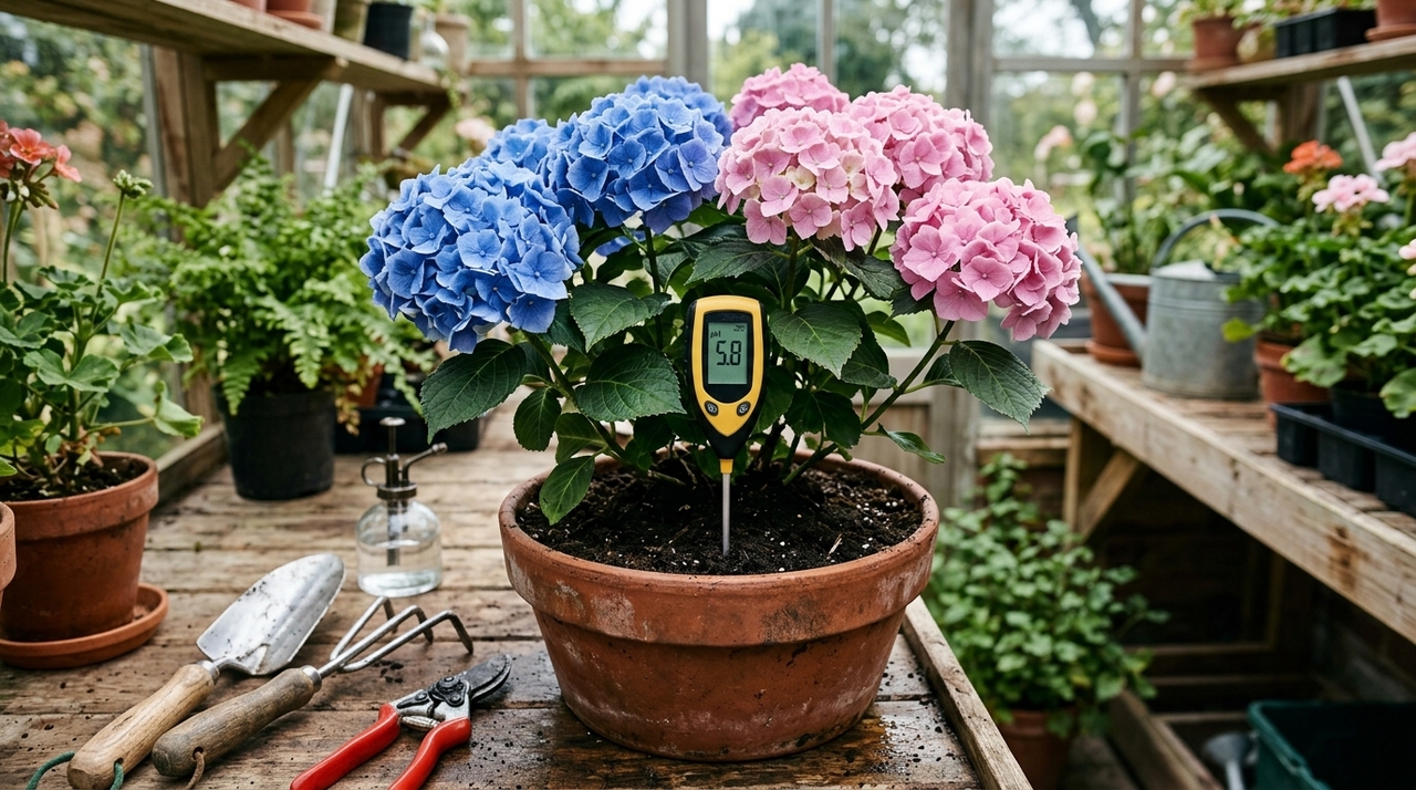 Para estimular flores azuis, o solo precisa ficar ácido e com alumínio disponível.
