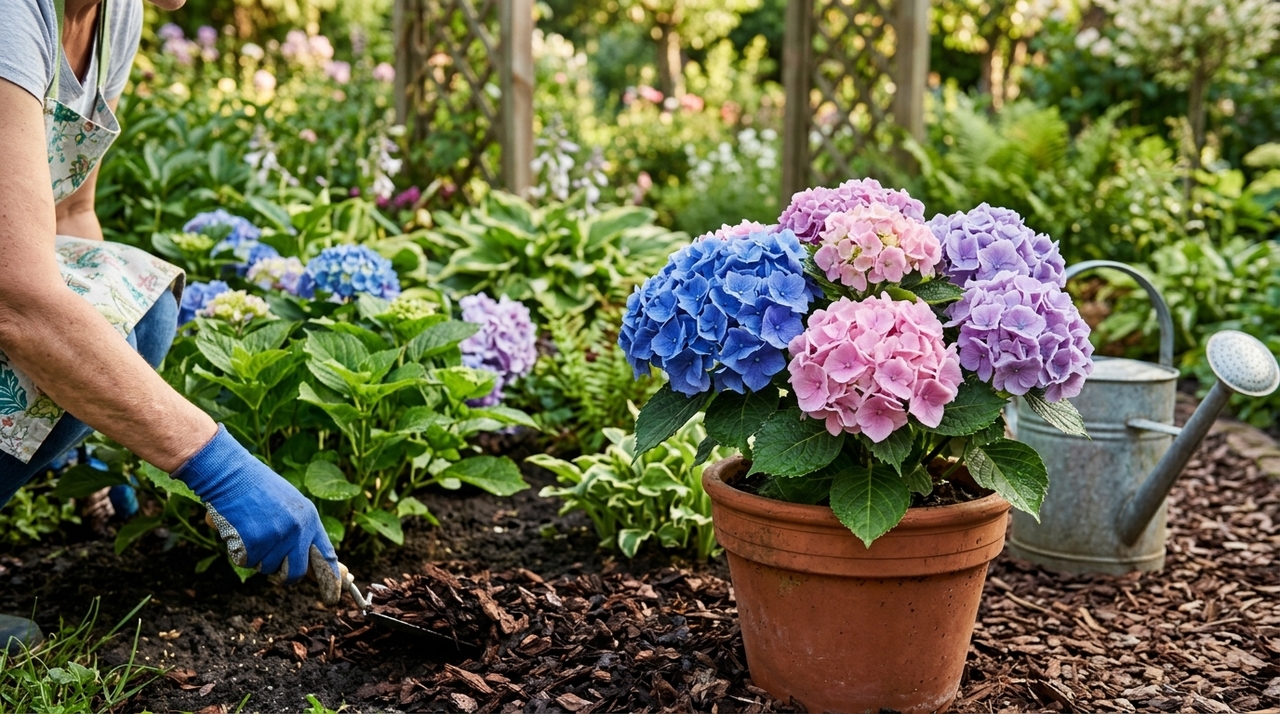 As hortênsias preferem solo rico em matéria orgânica, regas regulares e proteção contra sol muito forte nas horas mais quentes