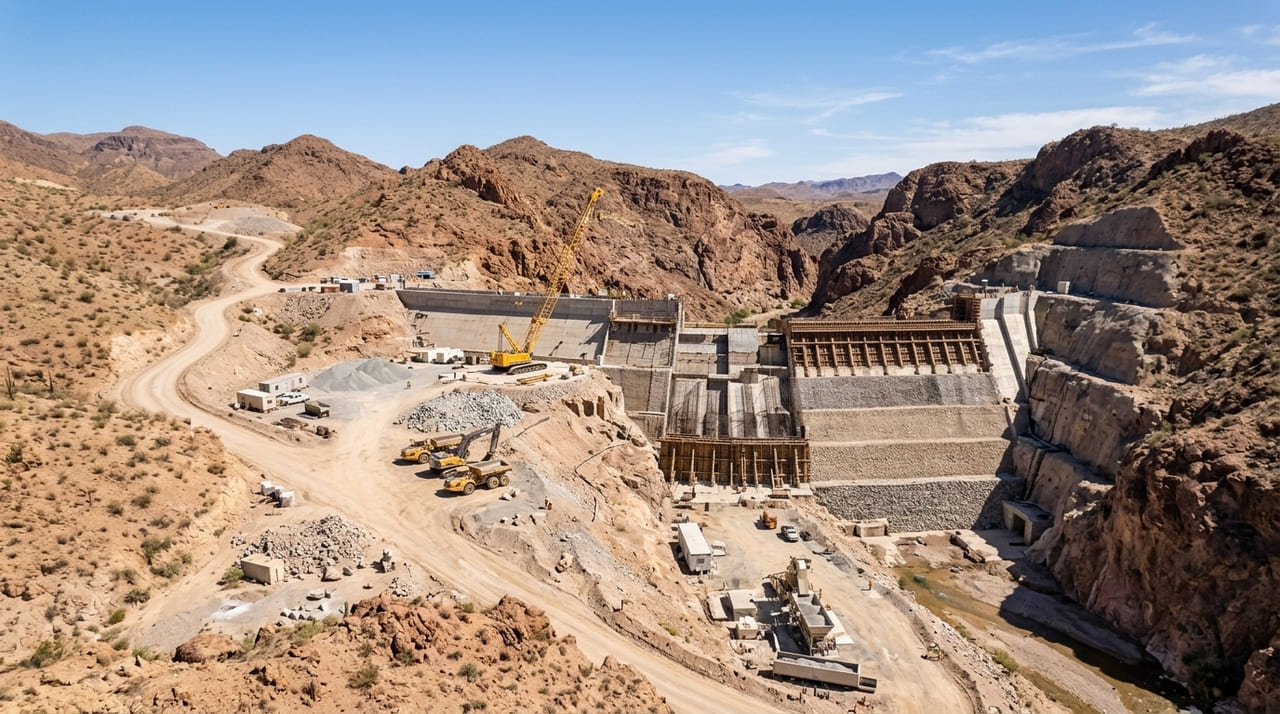 O reservatório planejado utiliza tecnologias de concreto compactado para suportar as condições climáticas extremas da região montanhosa.