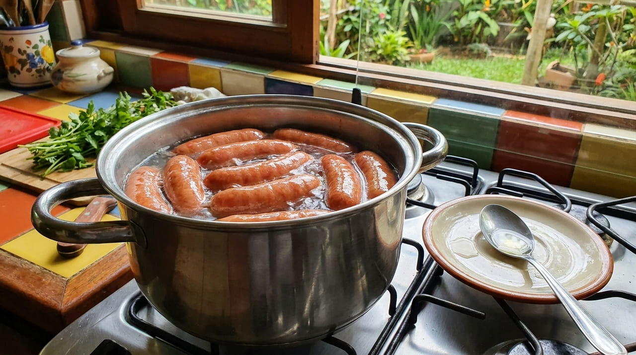 Ferver o embutido com vinagre antes de assar previne o desperdício de gordura e mantém a carne macia.