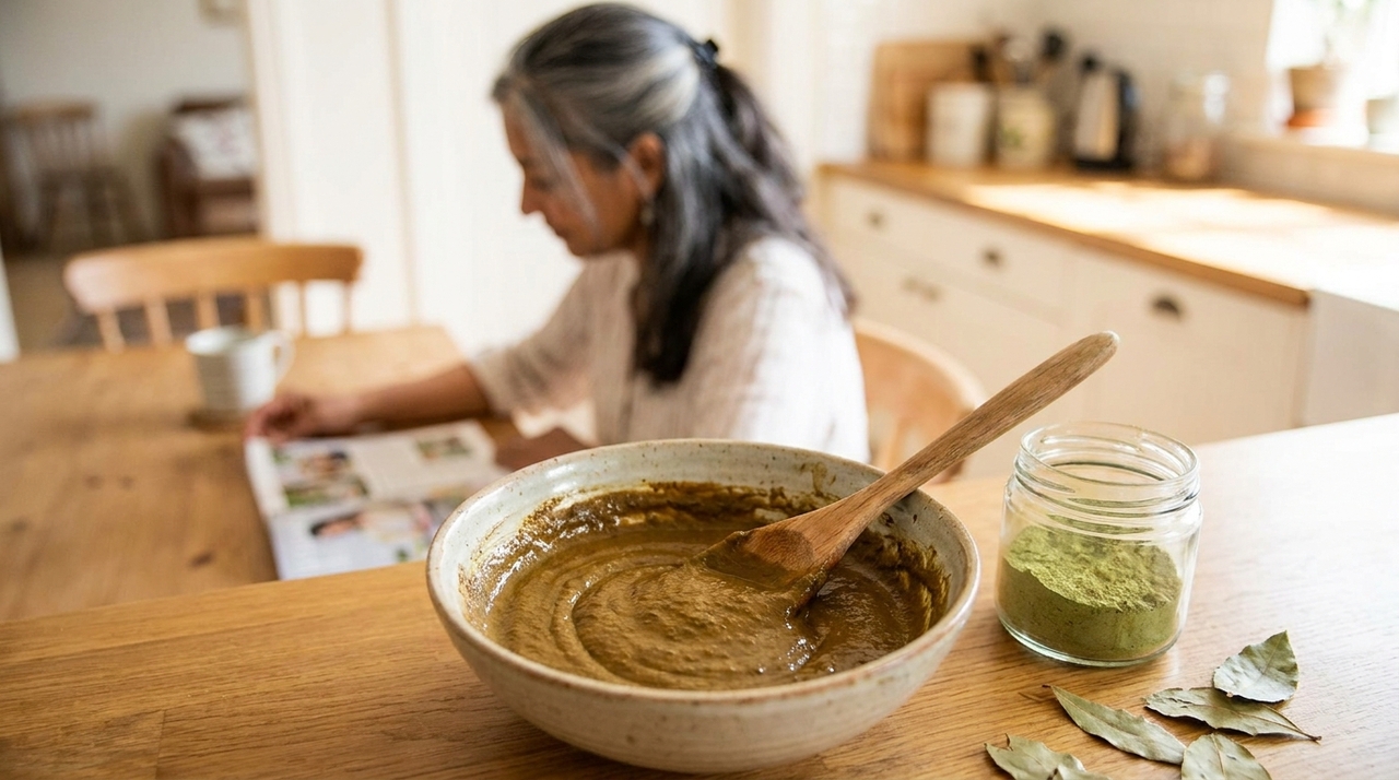 O preparo da henna é simples e requer apenas o pó puro da planta, encontrado em lojas de produtos naturais, e água morna.