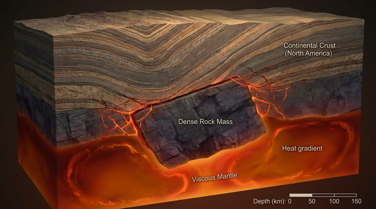 Fragmentos da base continental se desprendem e afundam lentamente em direção ao manto terrestre.
