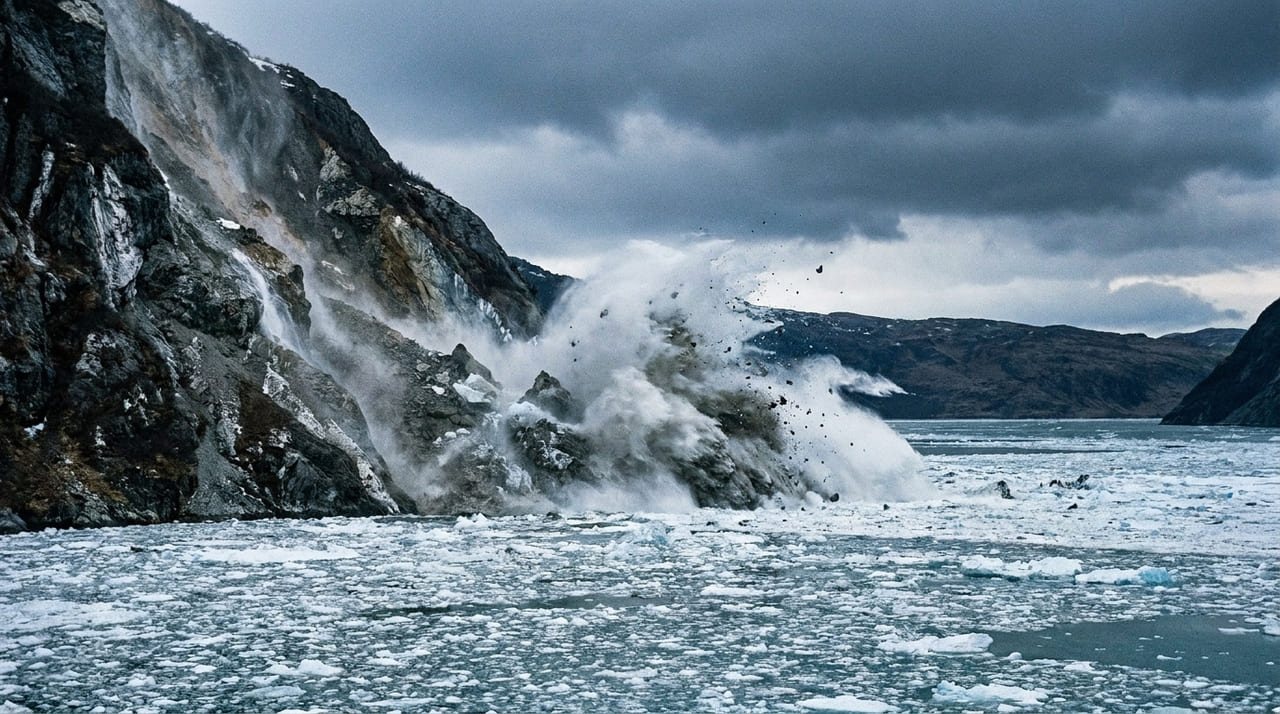 O impacto de deslizamentos massivos em águas polares gera ondas gigantescas que ameaçam a segurança costeira e o turismo.