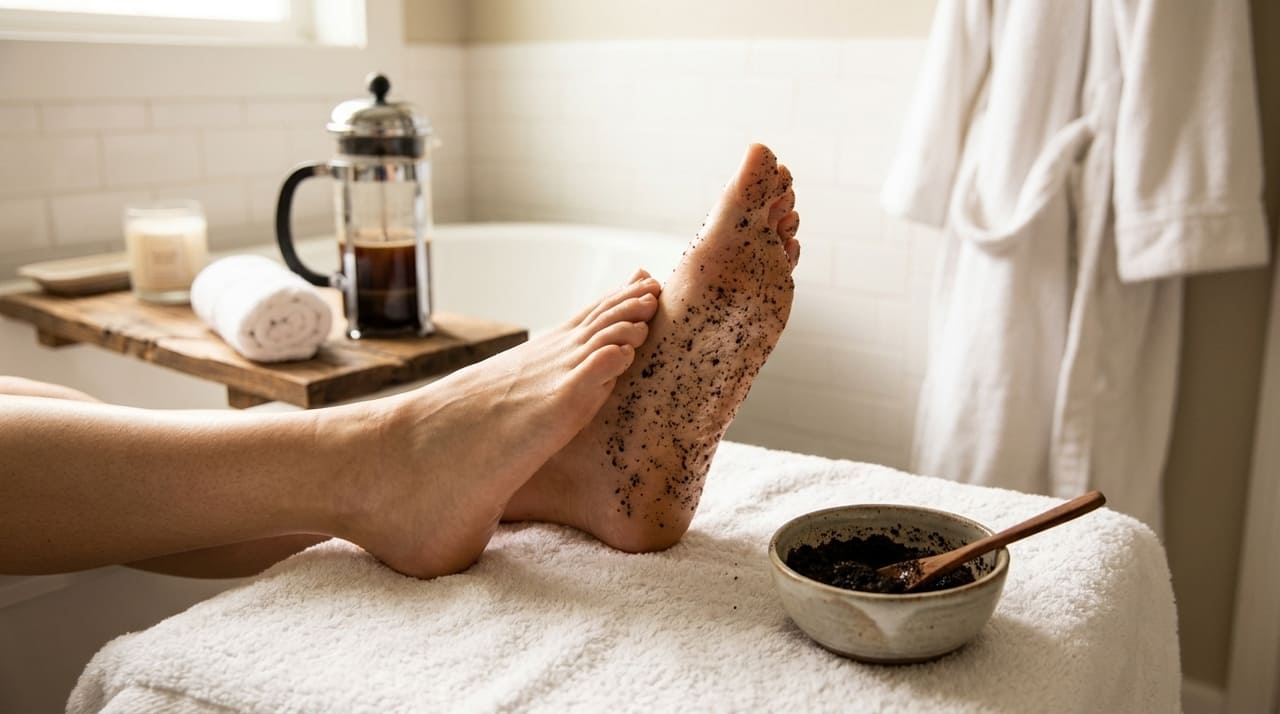 O uso de grãos de café combinados com óleos vegetais remove impurezas e estimula a circulação dos membros inferiores.