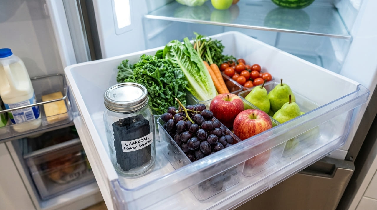 O carvão vegetal atua como um filtro natural que absorve partículas voláteis e impede a contaminação de cheiros entre os alimentos.