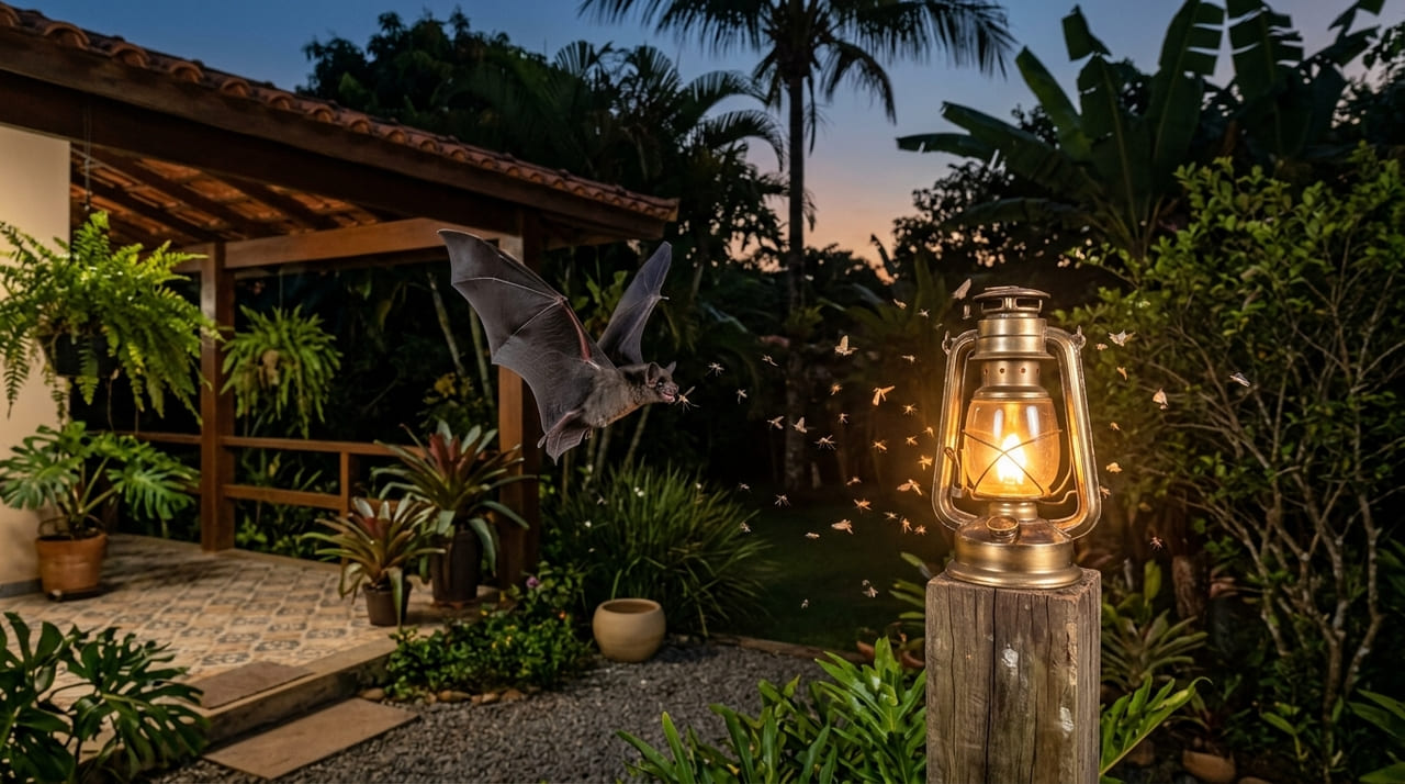 Os morcegos atuam como predadores naturais de mosquitos e garantem o equilíbrio ecológico dos jardins residenciais.