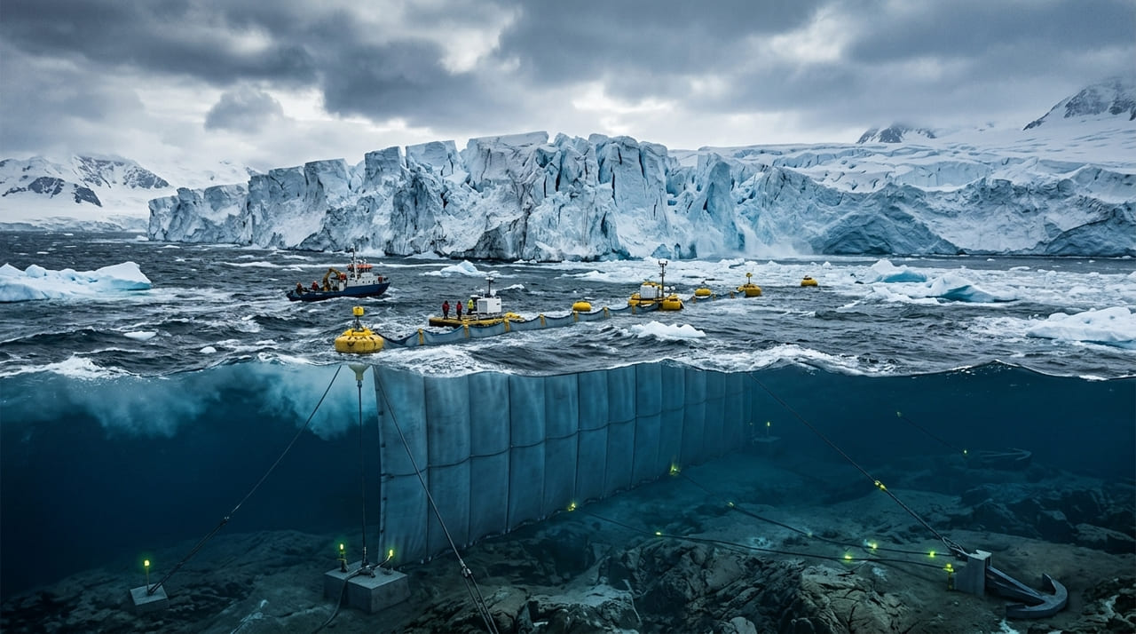 Engenheiros propõem a instalação de uma cortina subaquática de 80 quilômetros para bloquear a água quente que derrete o glaciar Thwaites.